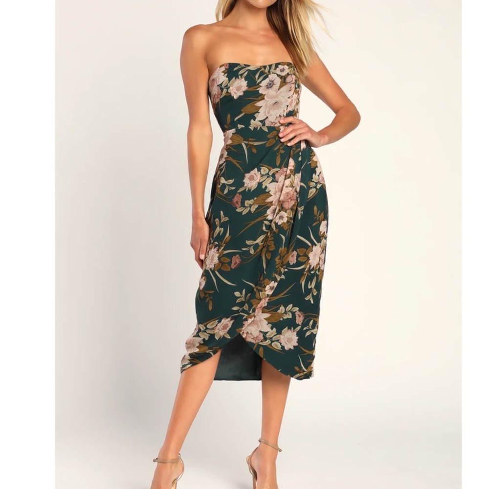 Hunter Green Floral Strapless Tulip Midi Dress